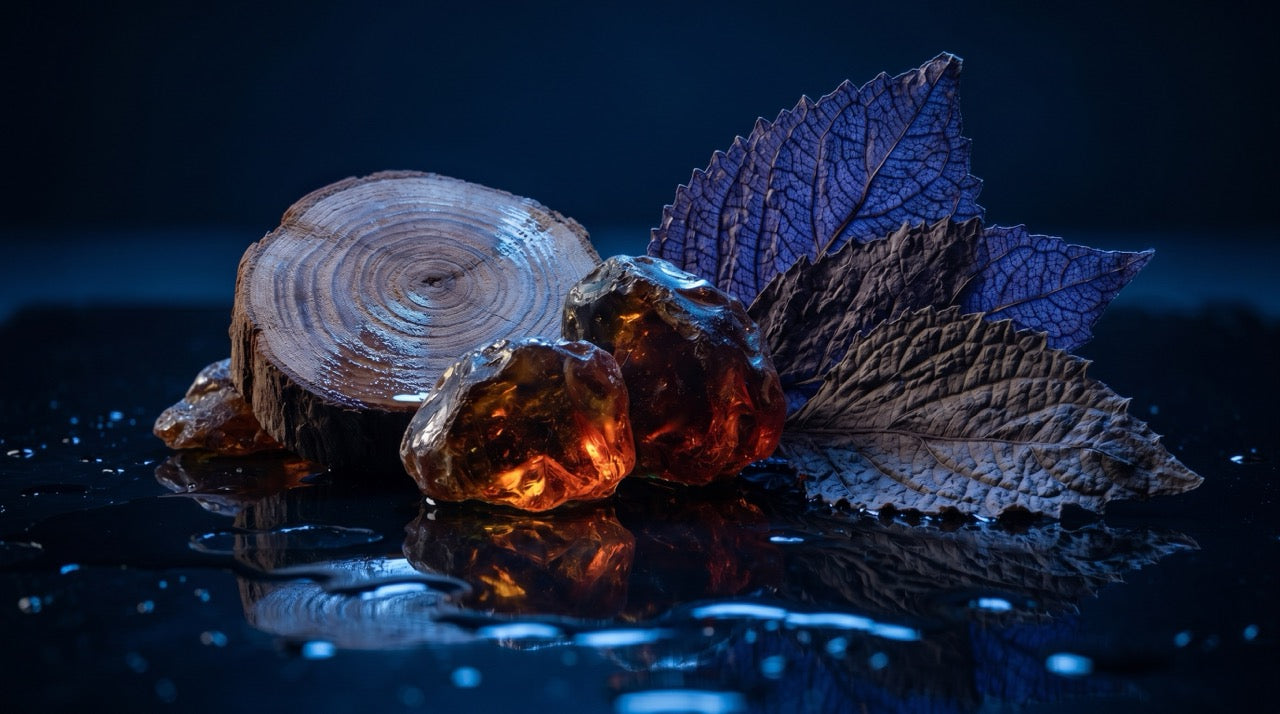 Close-up of amber resin and a tree stump on a dark surface with a blue tint.