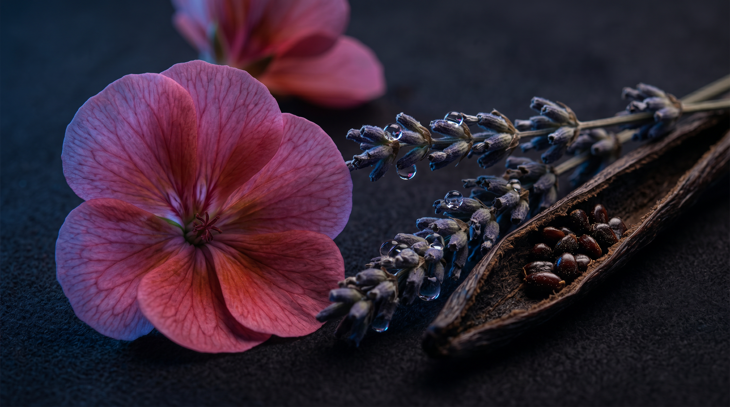 Messi Elixir Heart Notes Pink geranium flower and dried lavender on a dark surface