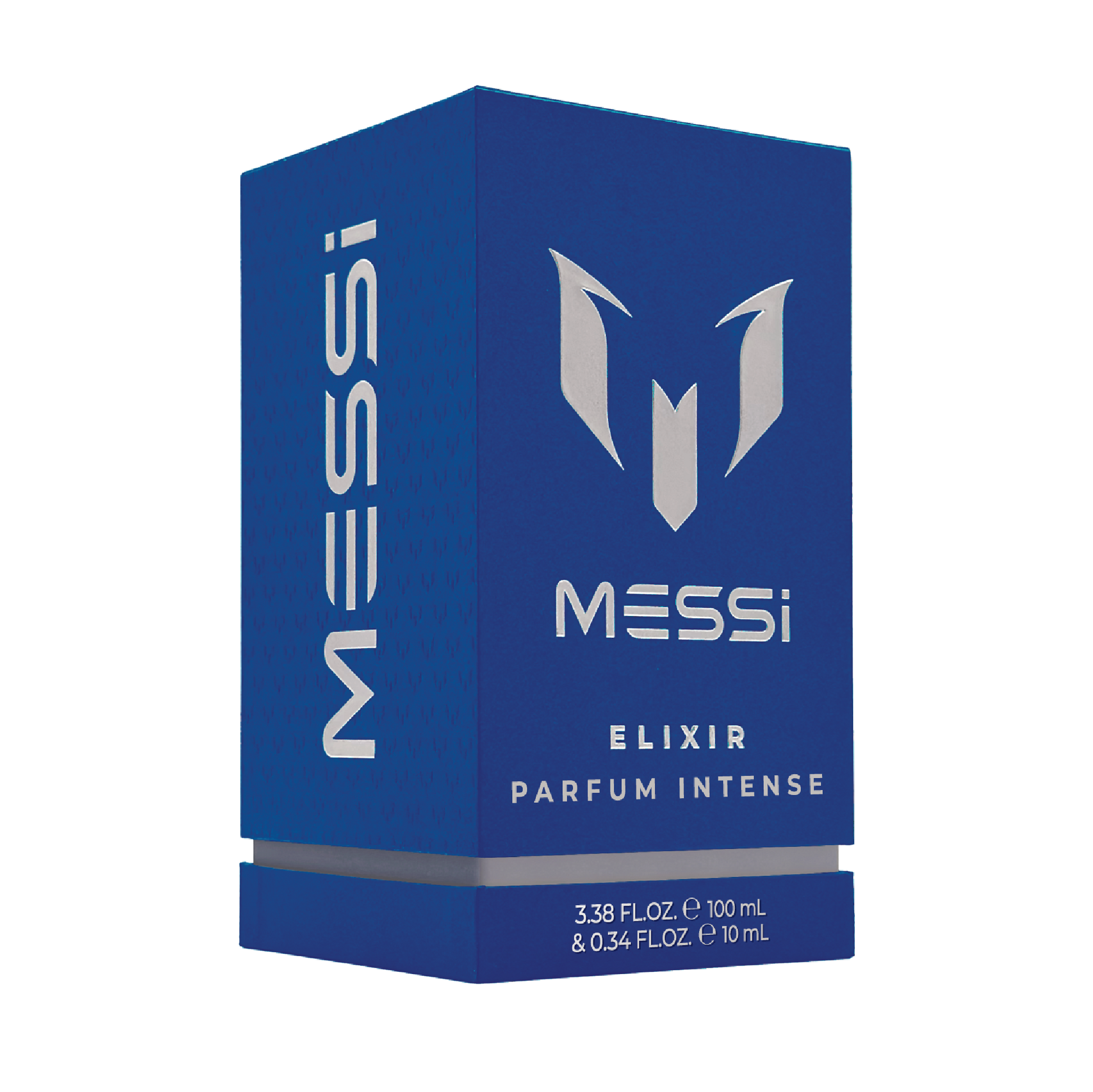 Blue packaging of Messi Elixir Parfum Intense on a transparent background