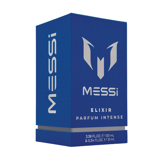 Blue packaging of Messi Elixir Parfum Intense on a transparent background