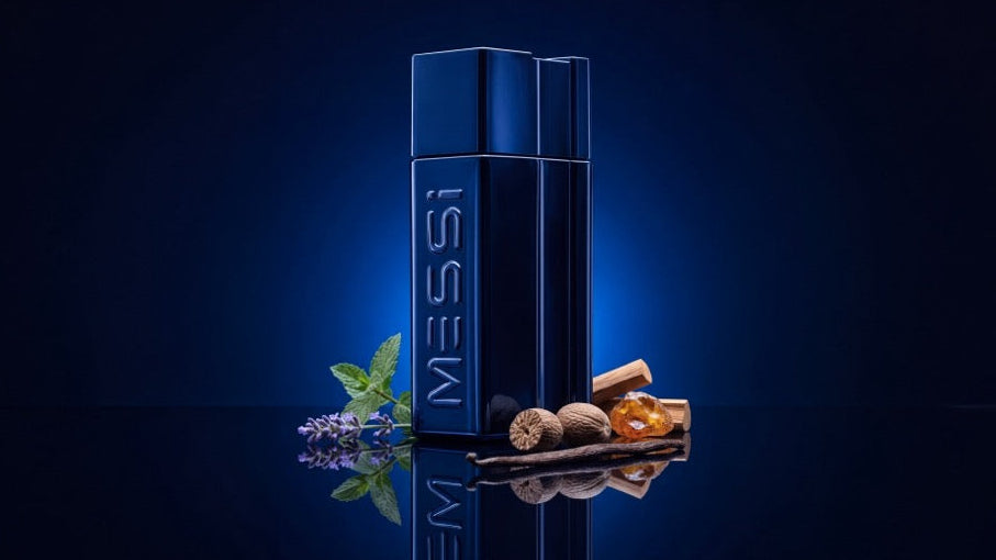 Messi Elixir Fragrance with decorative fragrance notes on a dark navy background
