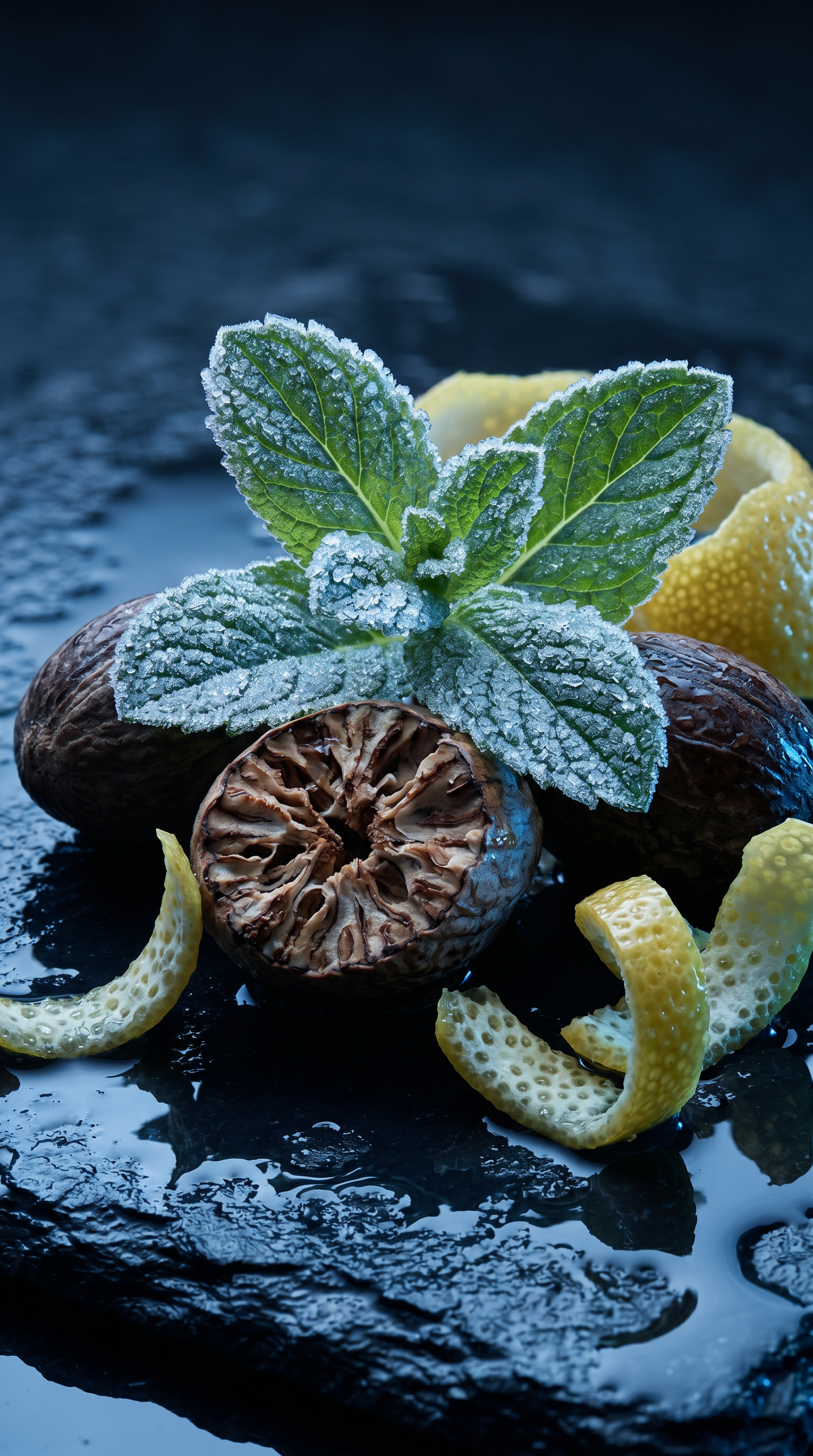 Frosted mint leaves with lemons and nuts on a dark surface