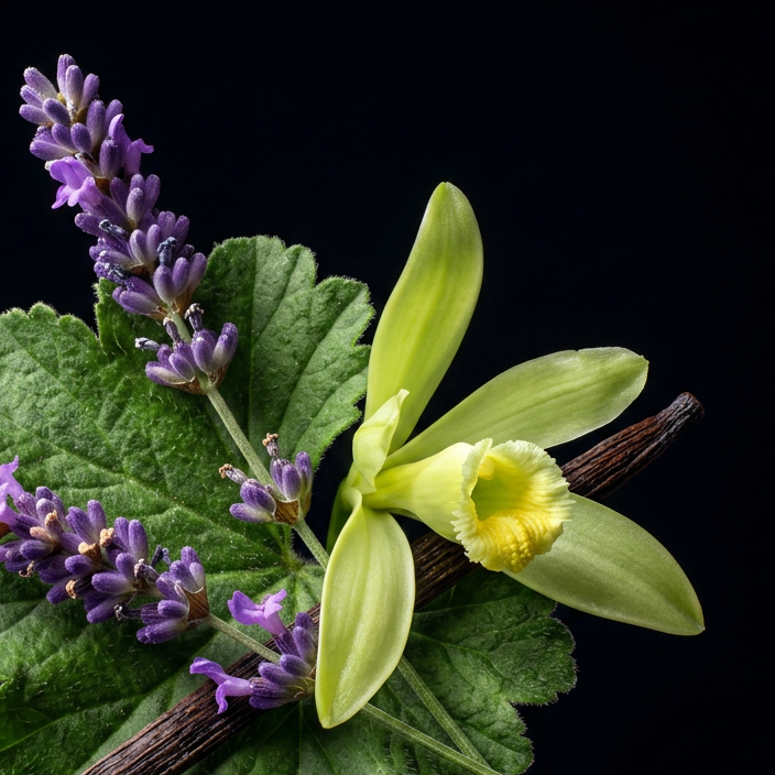 A botanical arrangement featuring a light green vanilla orchid flower with a yellow center, purple lavender buds, green leaves, and a brown vanilla bean against a solid black background.